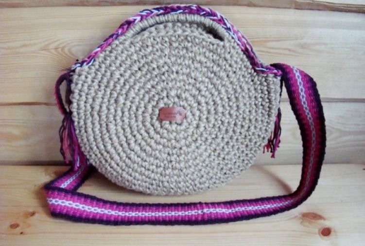 TORBA EKO - Okrągła torba ze sznurka jutowego z tkanym pasem